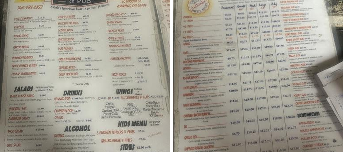 Mike's Pizza and pub Menu